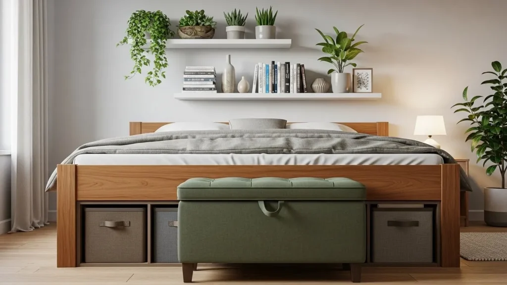 “Organic modern bedroom featuring under-bed storage, floating shelves, and storage ottoman.”