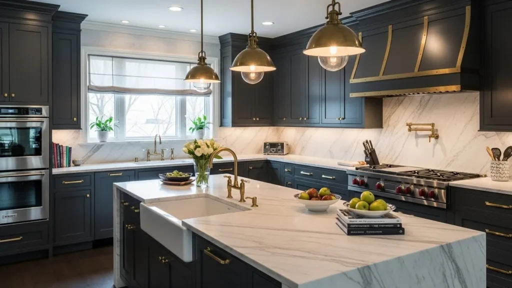 Dark gray kitchen cabinets with brass hardware in a modern kitchen