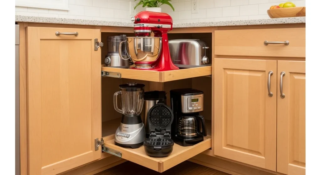 Corner cabinet storage for small kitchen appliances