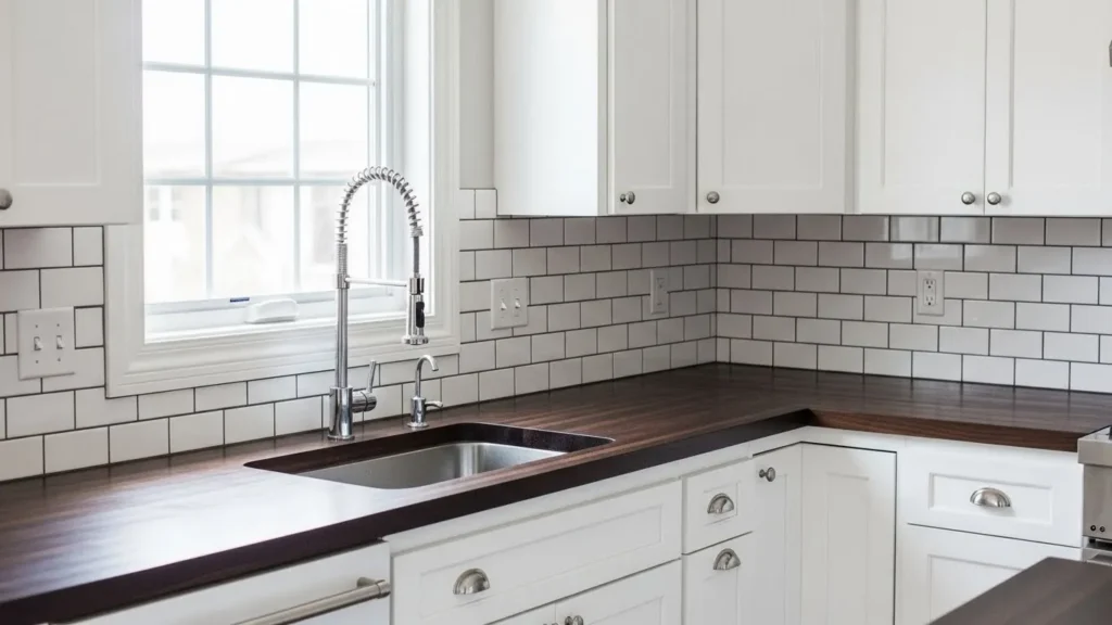 White subway tile backsplash in modern kitchen