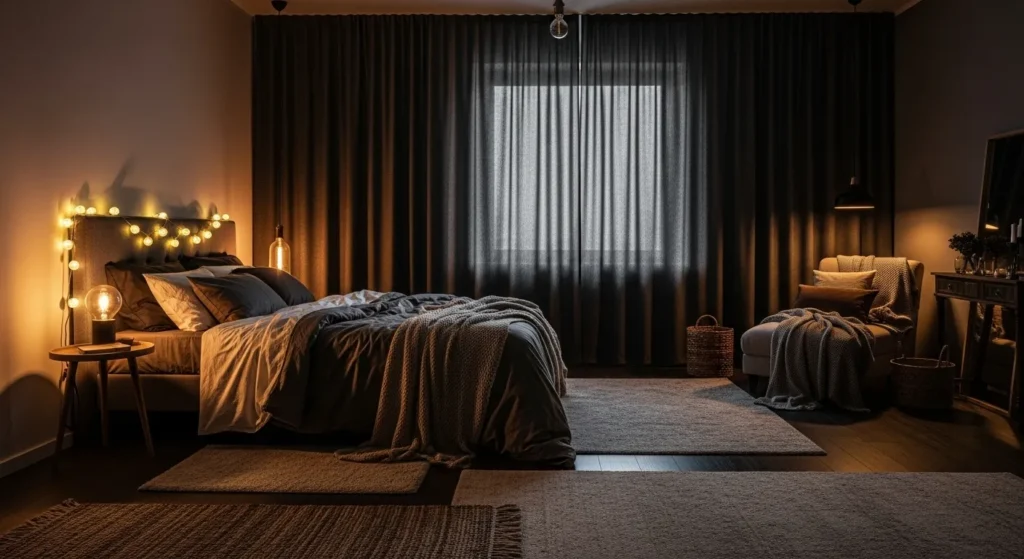 Dark cozy bedroom with blackout curtains