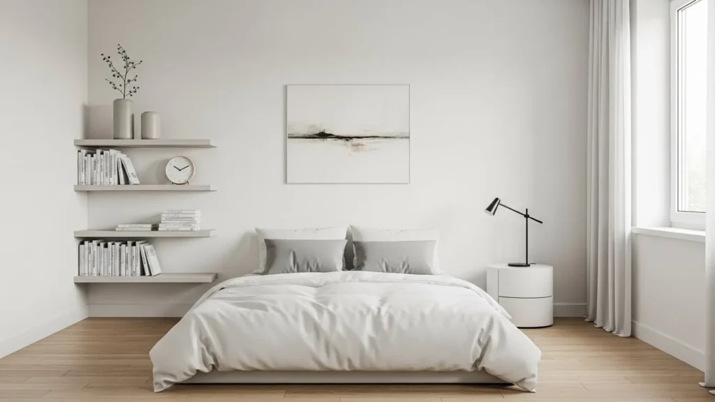 Decluttered minimalist bedroom with intentional decor