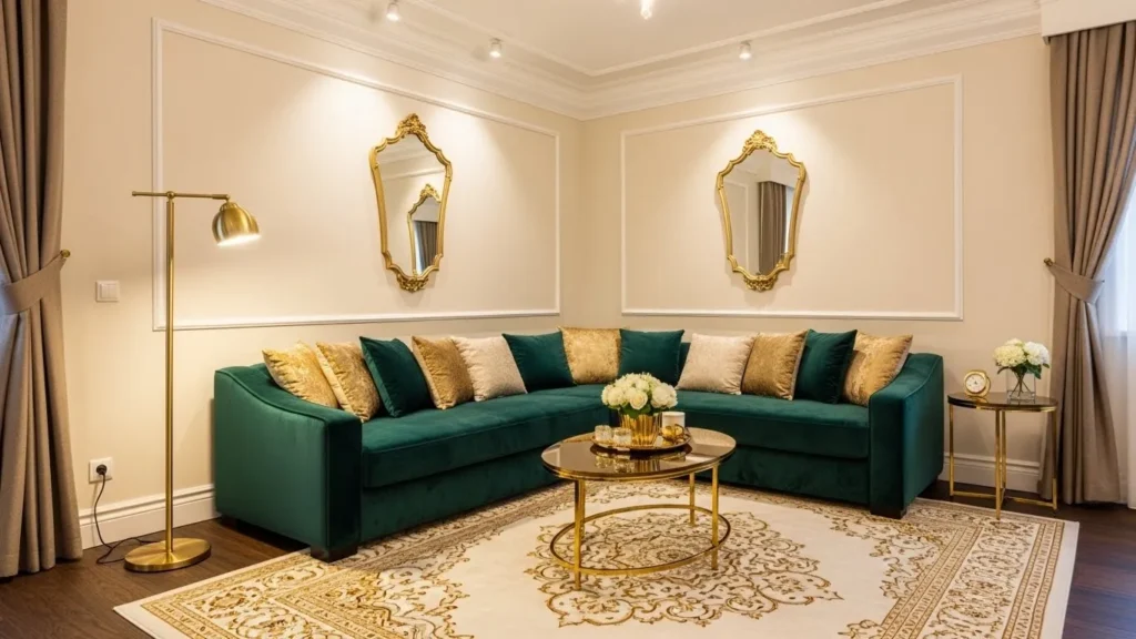 Luxury velvet couch in a stylish bedroom