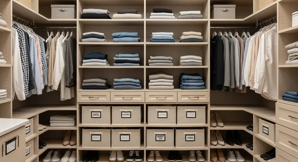 Decluttered closet with organized storage bins