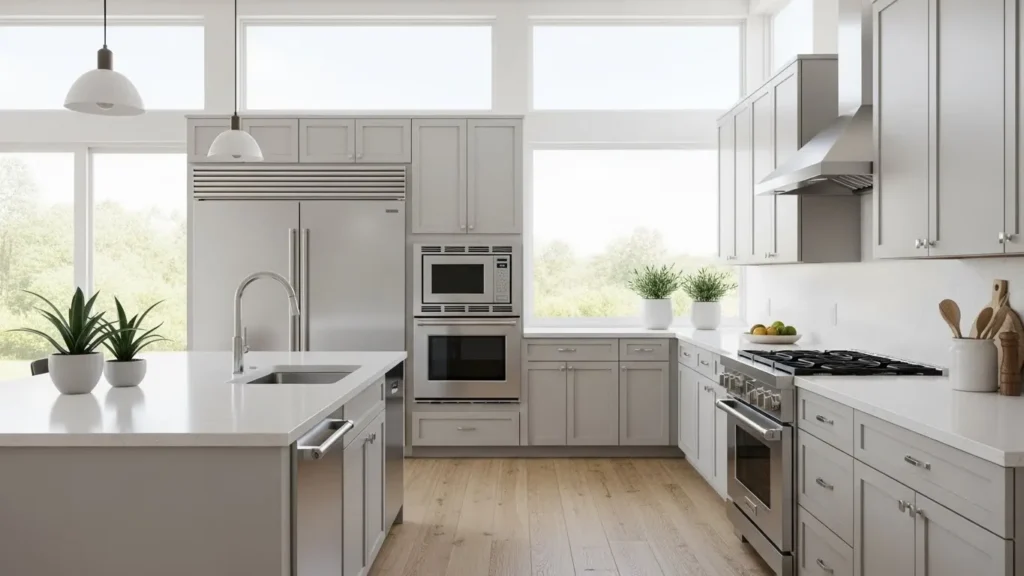 Light gray kitchen cabinets creating a bright and airy modern kitchen