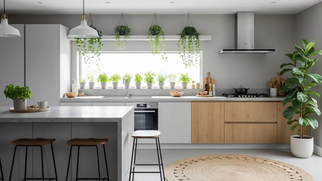 Greenery in modern open kitchen