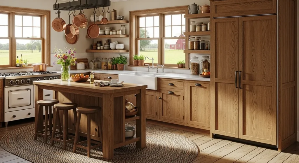 Farmhouse kitchen with oak cabinets