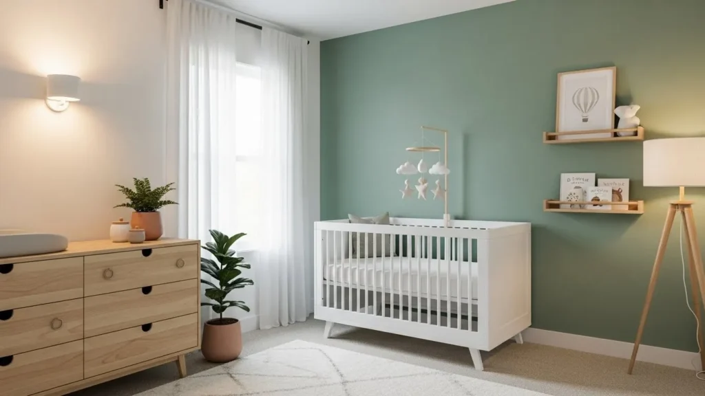 Sage green nursery walls creating a calm baby room