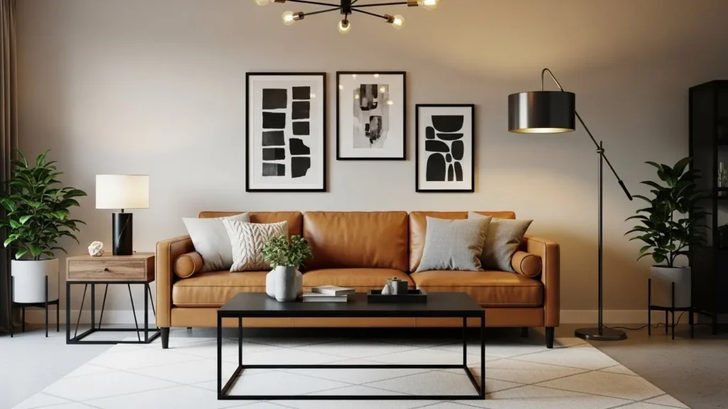 Camel color sofa in warm earth tone living room