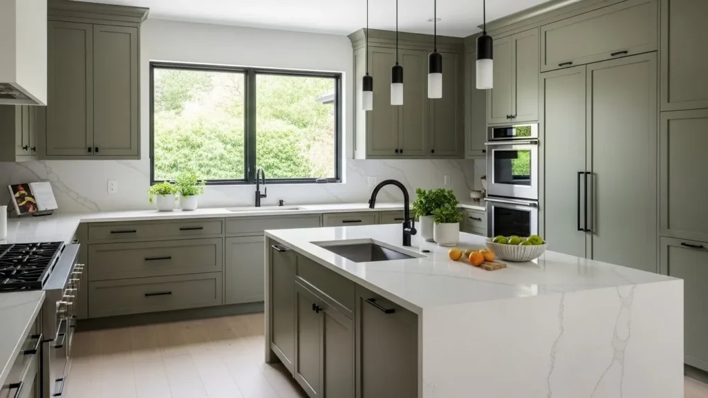 Muted olive kitchen cabinet color idea