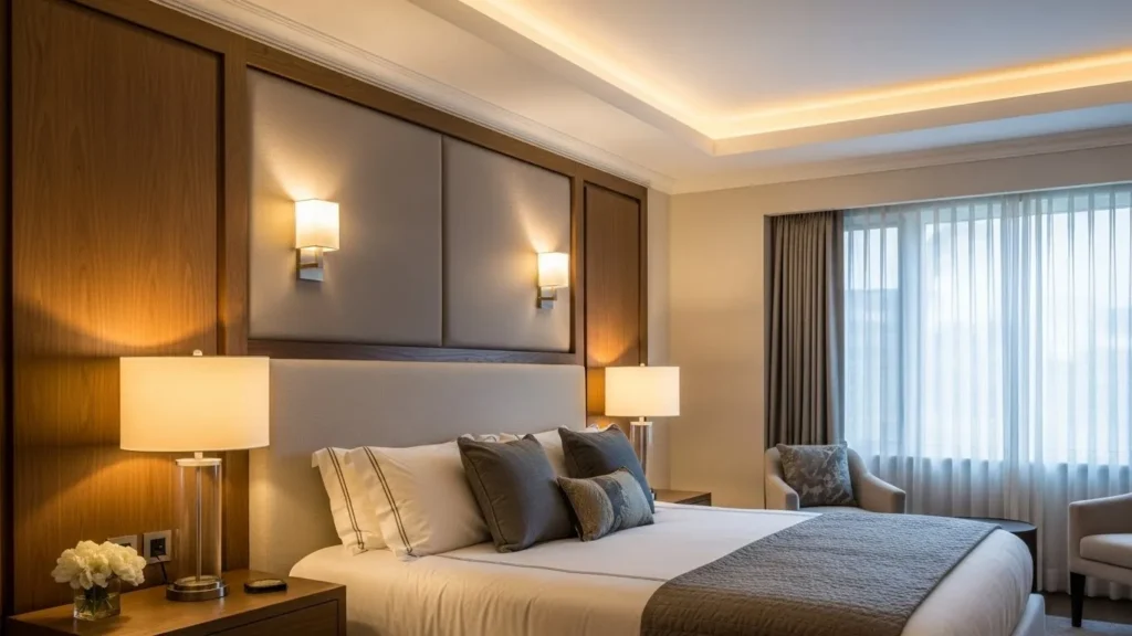 Layered lighting in a modern master bedroom