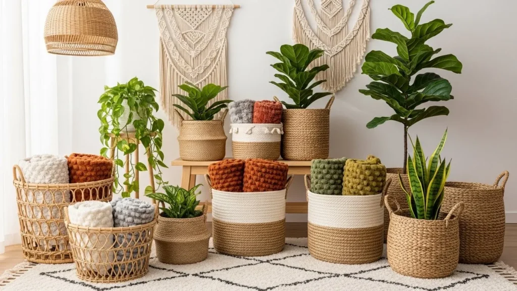 Woven baskets used for storage in boho decor