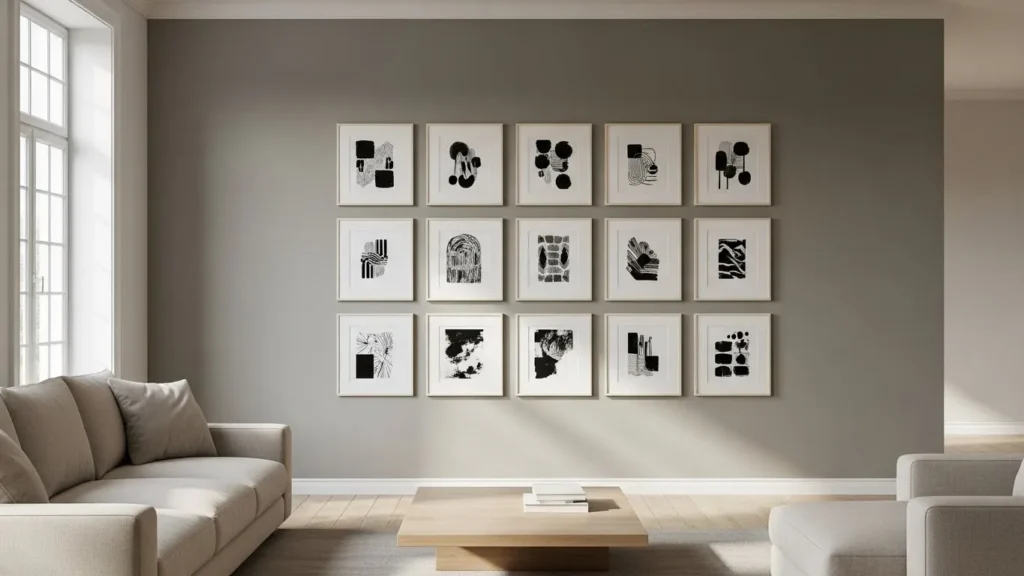 Symmetrical grid living room gallery wall
