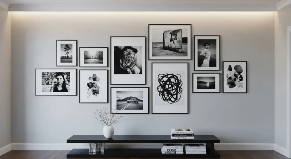 Black and white gallery wall with minimalist photo frames