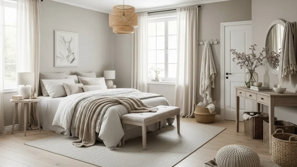 Cozy bedroom with open space and calm, relaxing atmosphere