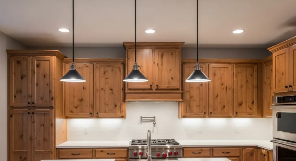 Rustic oak cabinets in modern kitchen