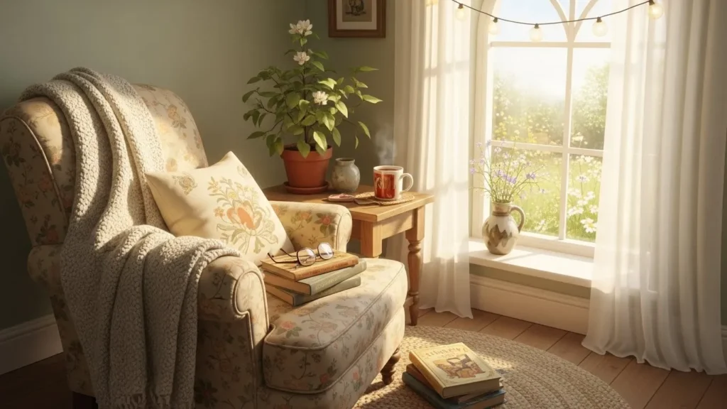 Cozy reading nook styled with cottagecore decor