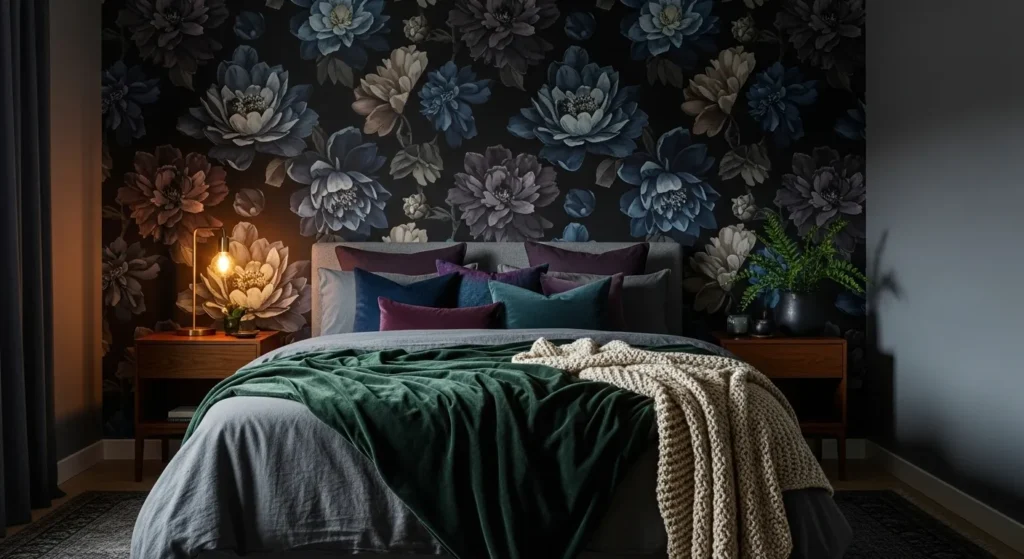 Dark bedroom with moody wallpaper