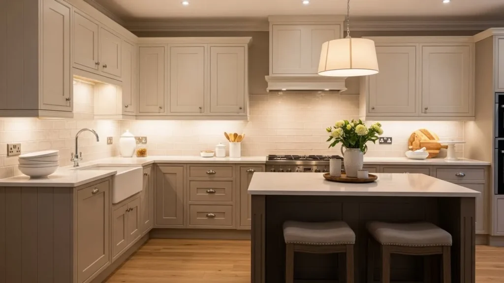 Cream and beige two tone kitchen cabinets with warm tones