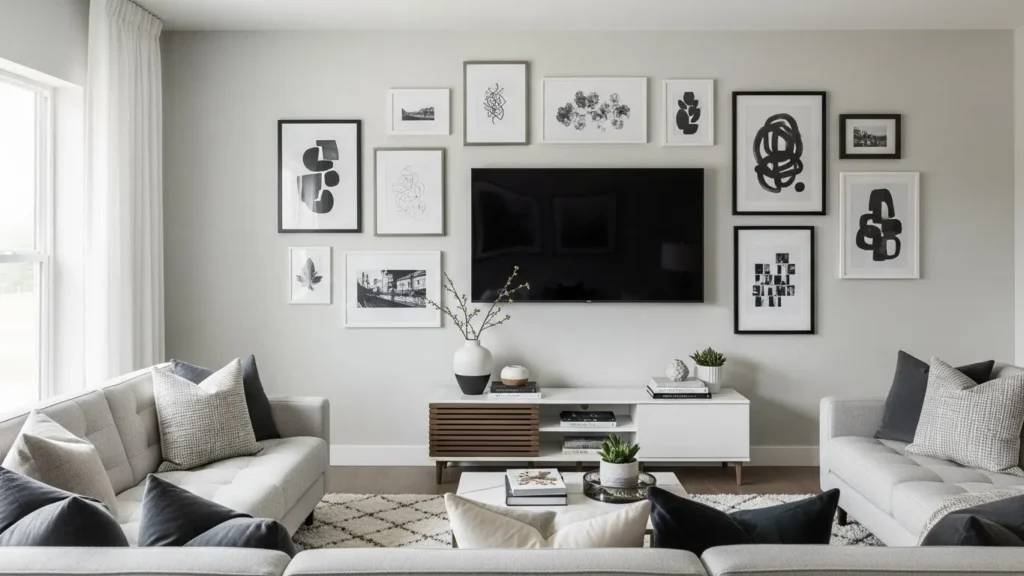 Gallery wall around TV in living room