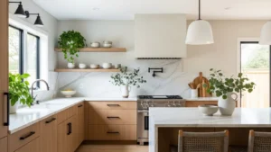 Organic modern kitchen ideas with natural wood, neutral tones, and a clean modern design