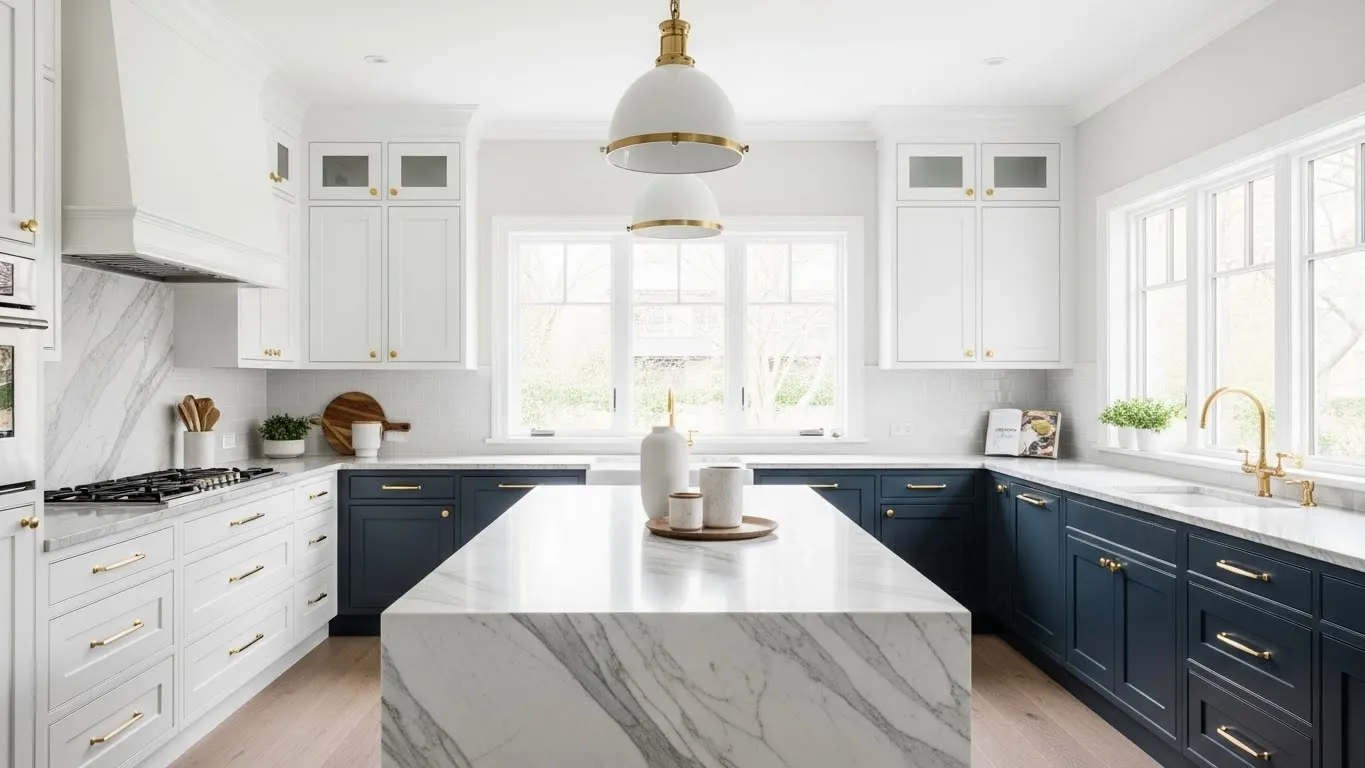 Two tone kitchen cabinets with white uppers and navy lowers in a modern kitchen