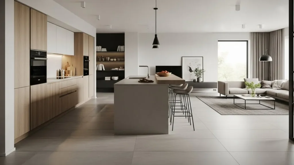 Continuous flooring in modern open kitchen