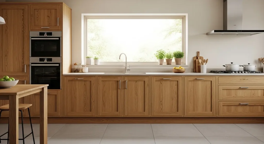 Natural oak kitchen cabinets with warm wood tones