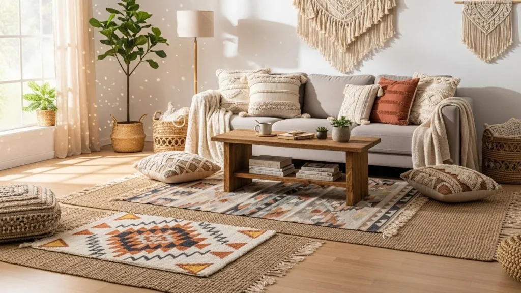 Boho living room with layered rugs adding warmth and texture