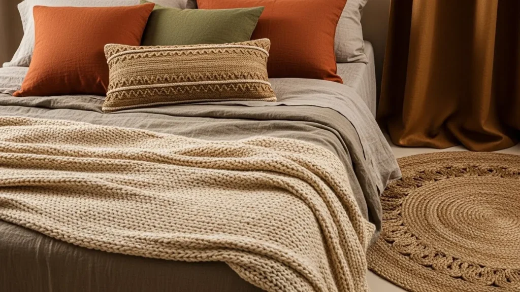 “Cozy bedroom with layered textures: chunky knit throw, linen bedding, and jute rug.”