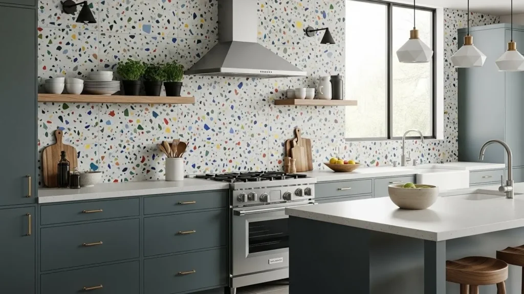 "Terrazzo backsplash with colorful speckles in kitchen"