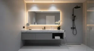 Modern gray bathroom with floating vanity and marble countertop