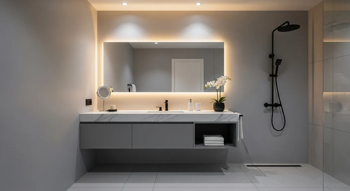 Modern gray bathroom with floating vanity and marble countertop