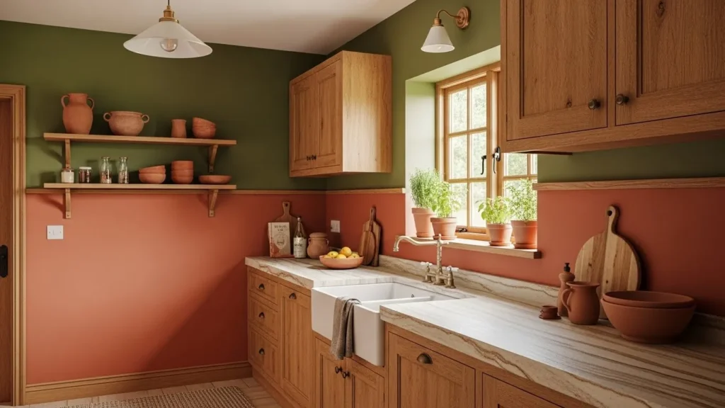 Earthy kitchen with terracotta and olive green walls and wooden cabinets