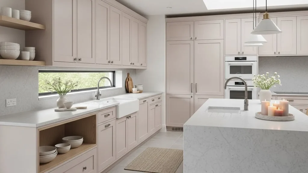 Pale blush kitchen cabinet color idea