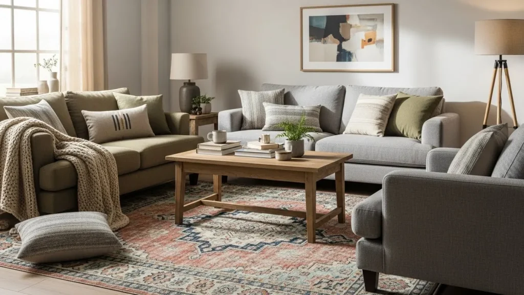 Vintage home decor with Persian-style rug anchoring living room space