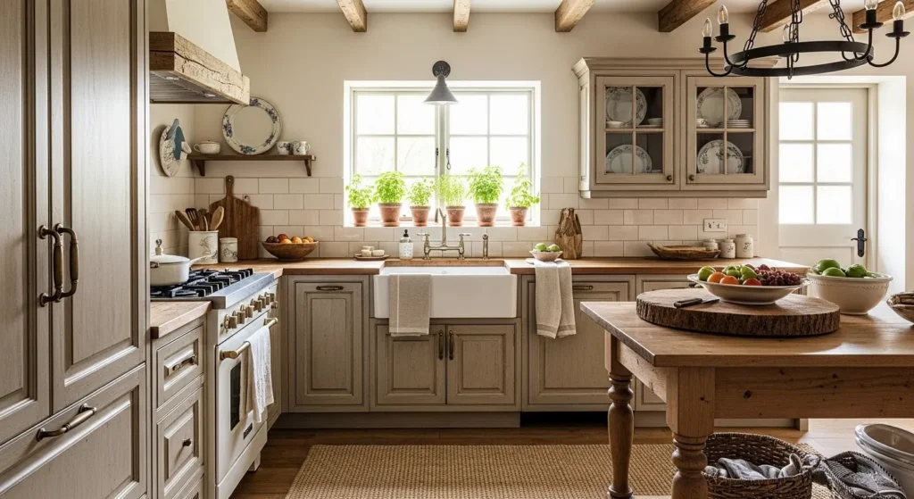 Rustic beige kitchen cabinets design