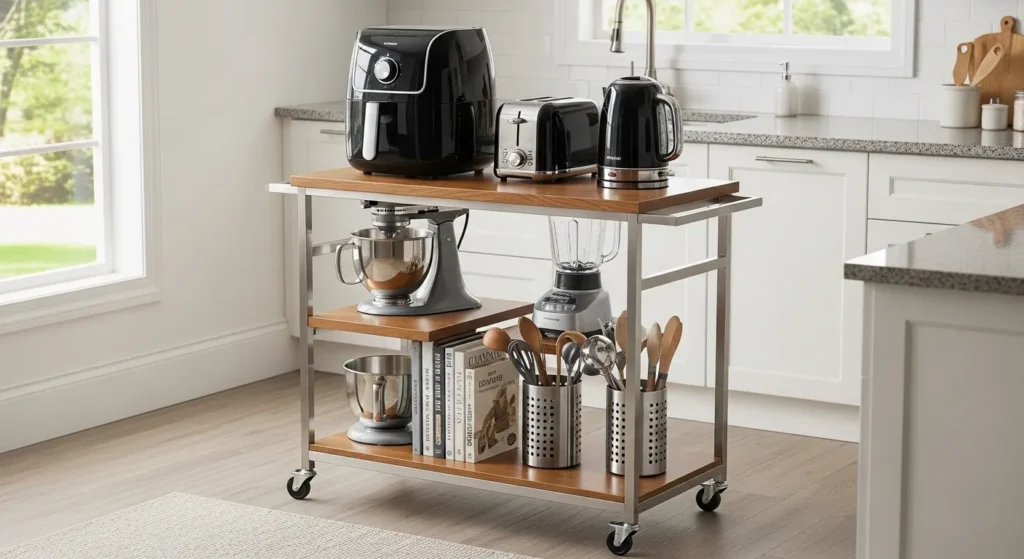 Rolling cart for appliances in a small kitchen