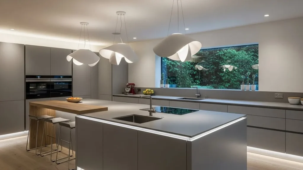 Gray kitchen featuring bold statement lighting
