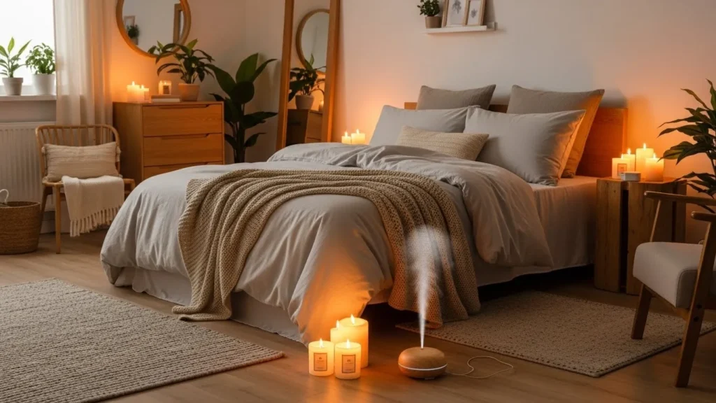 Cozy bedroom featuring scented candles and essential oils for relaxation