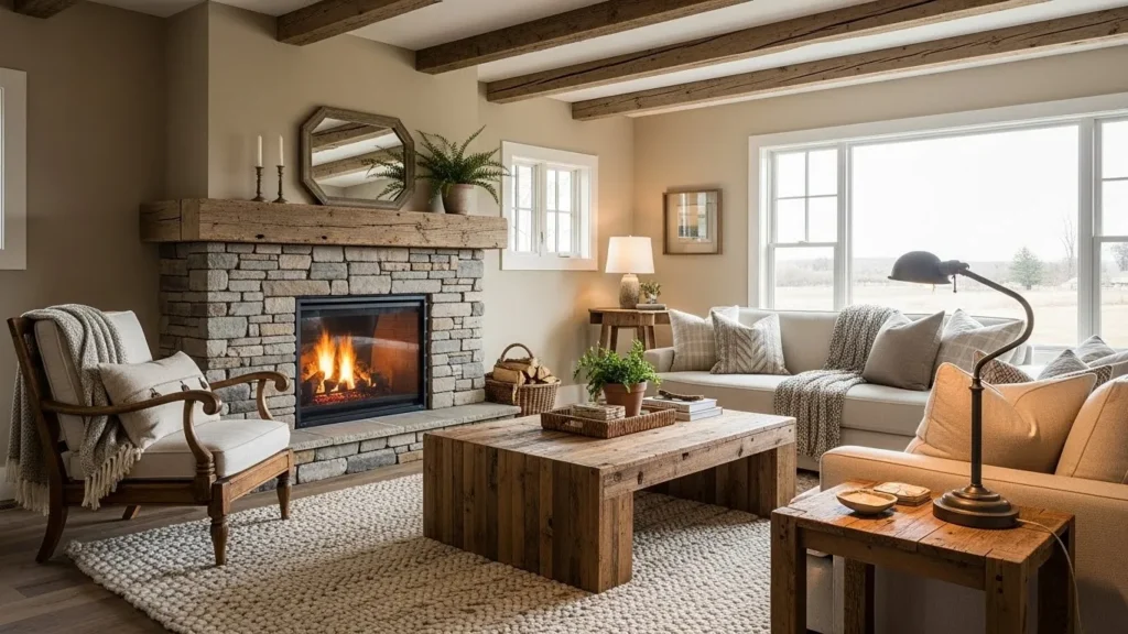 Rustic home decor featuring natural wood furniture and warm tones