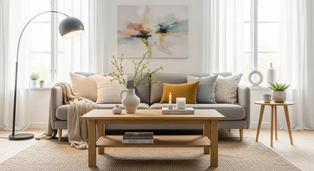 Scandinavian living room featuring light wood furniture