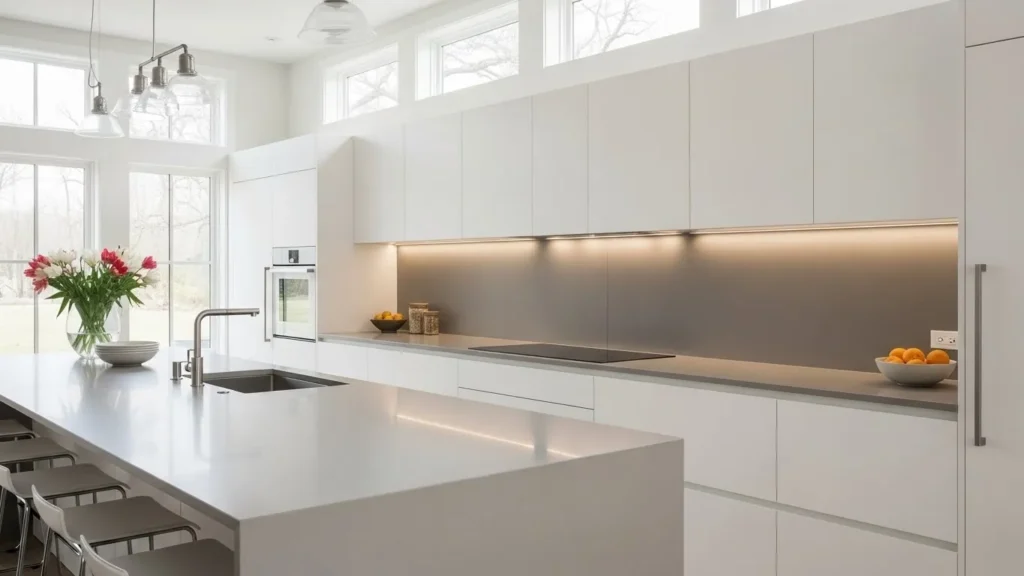 Sleek backsplash in open kitchen