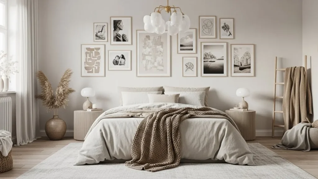 Monochrome bedroom gallery wall decor