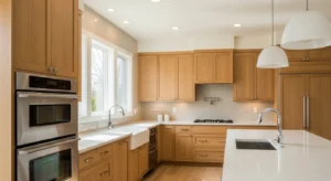 Oak kitchen cabinets in a warm modern kitchen