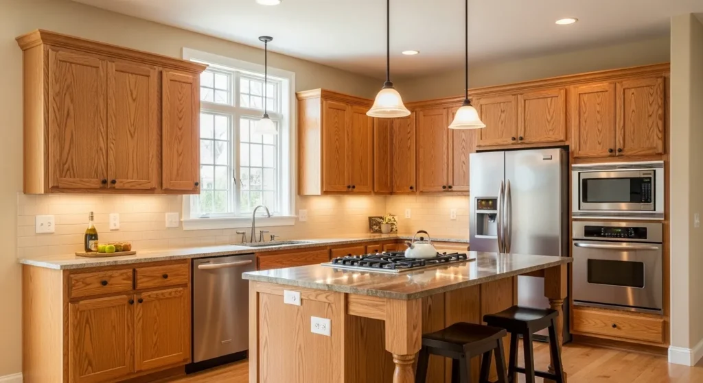 Oak cabinets with warm neutral walls