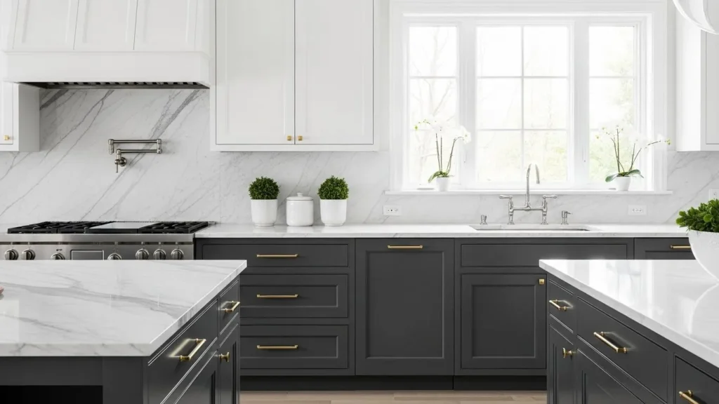 White upper cabinets with dark lower cabinets in a modern kitchen