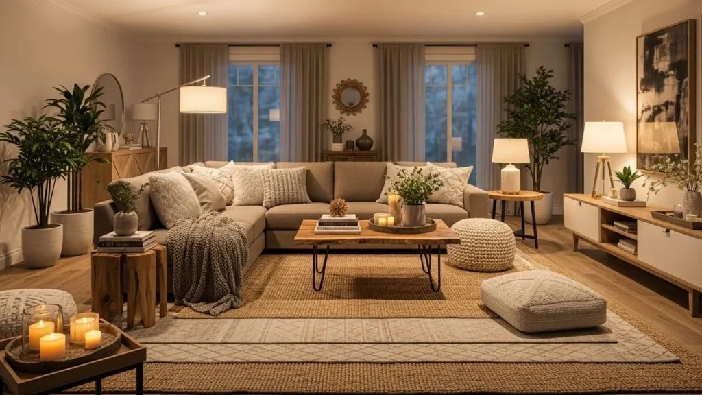 Open-concept living room with cozy furniture and warm lighting