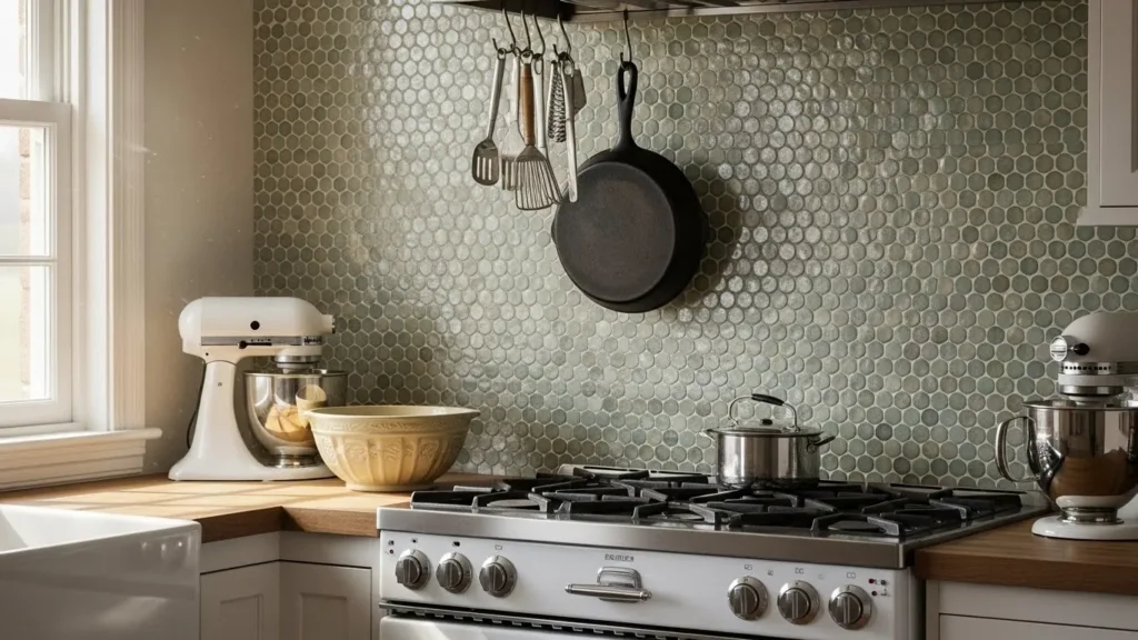 "Penny tile backsplash in vintage-style kitchen"