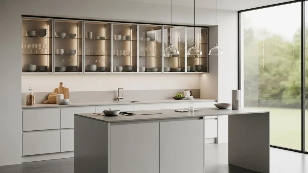 Glass cabinets in open kitchen design